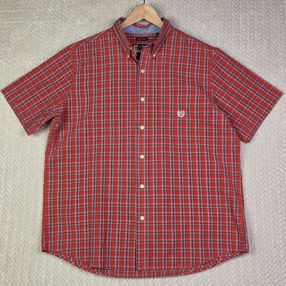 Chaps Easy Care Short Sleeve Button Down Shirt Mens Large Red‎ Check